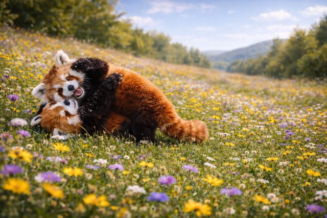 Two Red Pandas Playing in a Wildflower Meadow Wallpaper