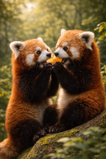 Two Red Pandas Sharing Fruit Wallpaper