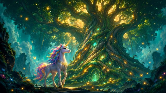 Unicorn Beneath an Ancient Guardian Tree Wallpaper