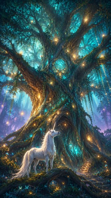 Mystical Unicorn by the Ancient Tree Spirit Wallpaper