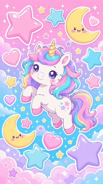 Pastel Cartoon Sticker Unicorn Wallpaper