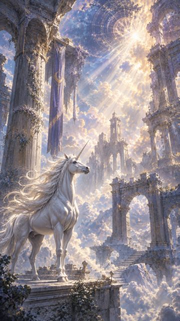 Ethereal White Temple Unicorn Wallpaper