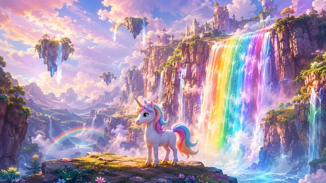 Rainbow Waterfall Valley Unicorn Wallpaper