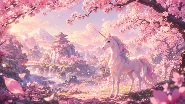 Sakura Dream Field Unicorn Wallpaper