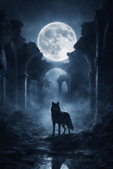 Wolf in Ancient Ruins Under the Full Moon Wallpaper