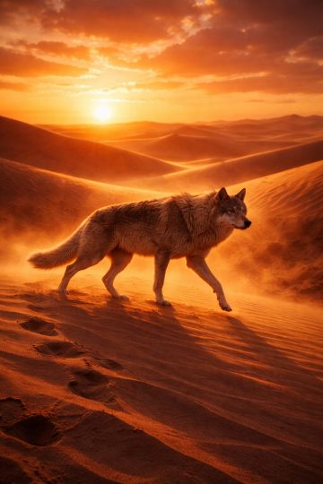 Wolf Crossing Desert Dunes at Sunset Wallpaper