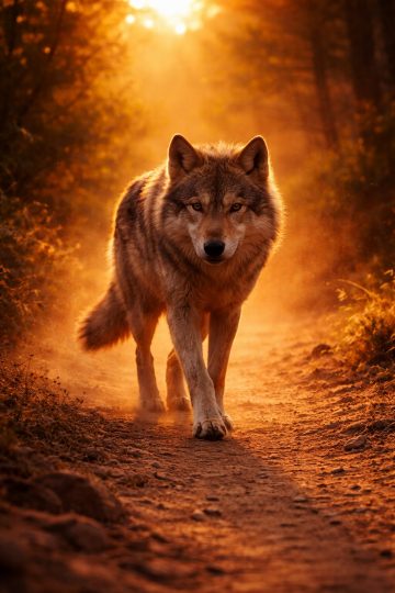 Wolf Walking Forest Trail Golden Light Wallpaper