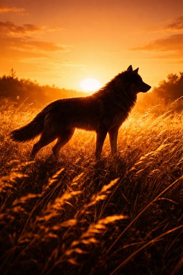 Wolf in Golden Field at Sunset Wallpaper