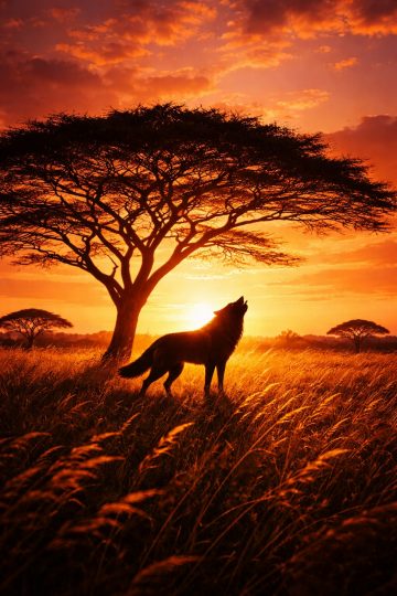 Wolf Howling Beneath Sunset Tree Wallpaper