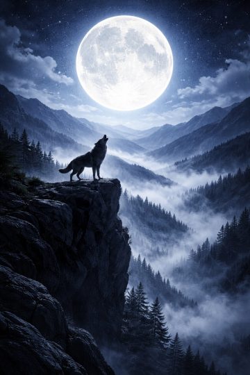 Wolf Howling on a Cliff Under the Full Moon Wallpaper