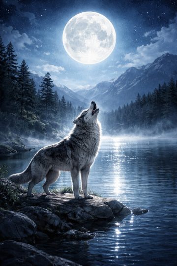 Wolf Howling at the Full Moon by the Lake Wallpaper