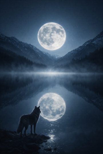 Wolf Watching the Moon Reflection Wallpaper