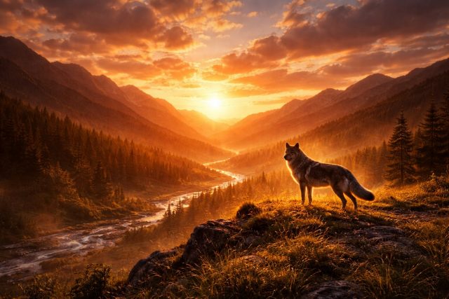 Wolf Overlooking Mountain Valley Sunset Wallpaper