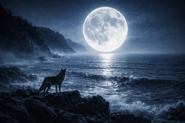 Wolf on a Rocky Coast Under the Full Moon Wallpaper