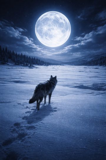 Wolf Walking Through Snow Under the Full Moon Wallpaper