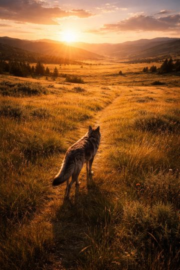 Wolf Walking Meadow Path at Sunset Wallpaper